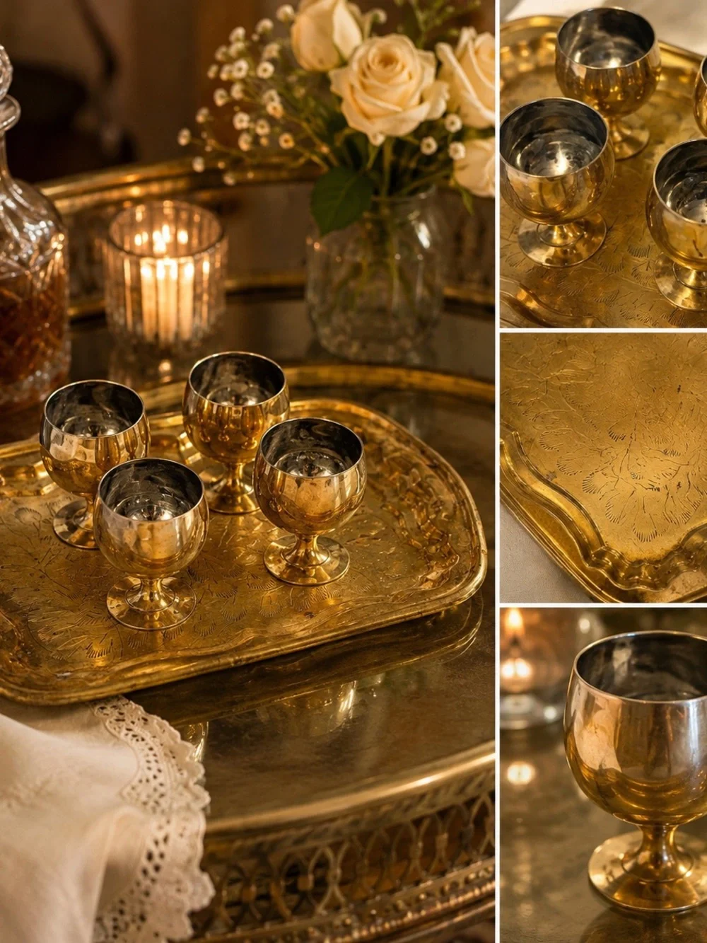 Vintage Brass Mini Goblet Set of 4 with Engraved Serving Tray Barware Decor